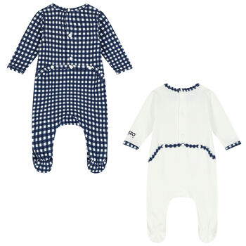 Baby Boys White & Navy Blue Logo Babygrows ( 2-Pack )